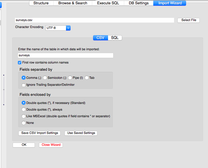 Setting import options